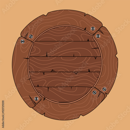 Round shield made of rough wooden boards. Background, frame, panel. Vector illustration