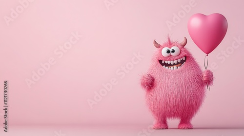 Pink monster holding a heart-shaped balloon. Cute and fun Valentine's Day image.