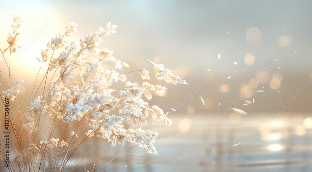 Delicate golden grasses sway softly in the breeze against a serene, blurred background with glimmers of light, evoking a sense of tranquility, Ideal for nature-themed projects, backgrounds Delicate golden grasses sway softly in the breeze against a serene, blurred background with glimmers of light, evoking a sense of tranquility, Ideal for nature-themed projects, backgrounds