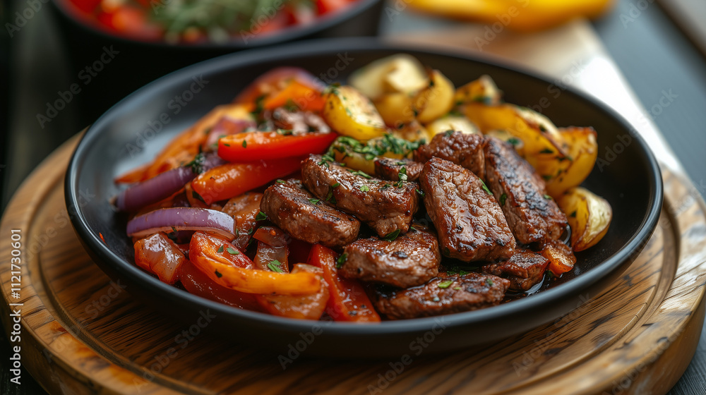 Delicious beef stir-fry with colorful peppers and roasted potatoes on a black plate Delicious beef stir-fry with colorful peppers and roasted potatoes on a black plate
