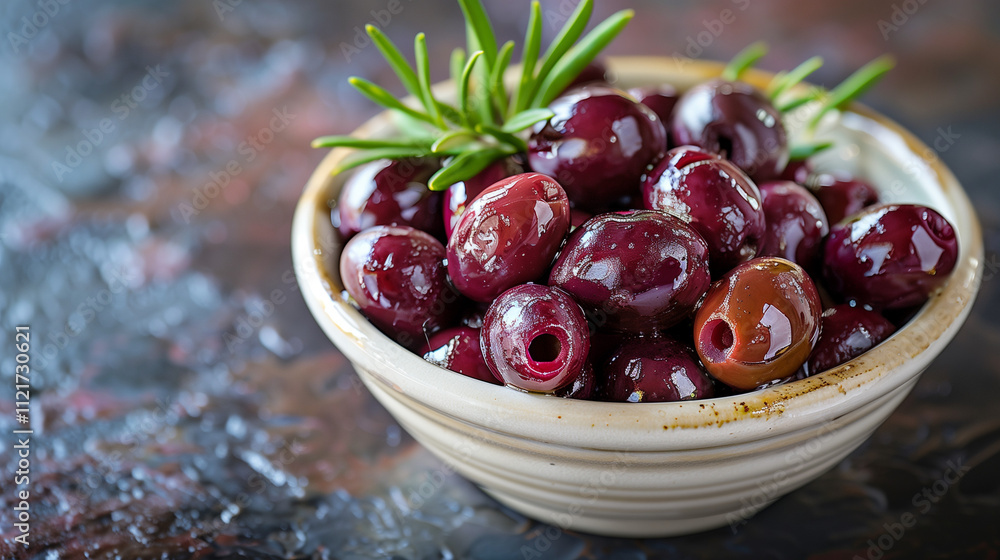 Glossy Kalamata olives served in a cream bowl with fresh herbs on a textured surface Glossy Kalamata olives served in a cream bowl with fresh herbs on a textured surface