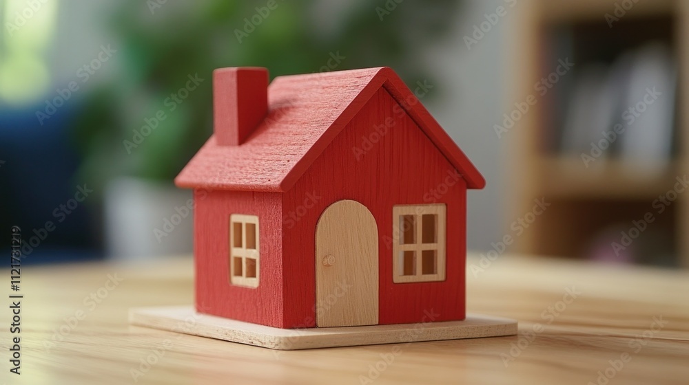 Cute Wooden Model House with red color on wooden surface Cute Wooden Model House with red color on wooden surface