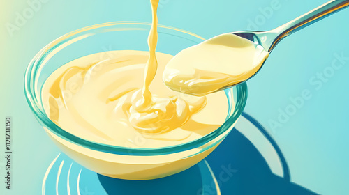 A spoon pouring white sauce into a bowl on a blue background, childhood arcadias, raw vulnerability, unpolished authenticity, and light yellow and light amber colors. Arcadia. Illustration