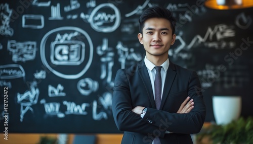 Asian Businessmen Presenting Seo Strategy Formulas On A Blackboard: A Detailed Insight Into The Marketing World Of Asian Executives.