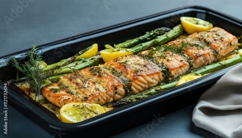 Delicious Baked Salmon With Asparagus On Gray Plate: A Mediterranean Diet Dish With A Panoramic View And Ample Copy Space.