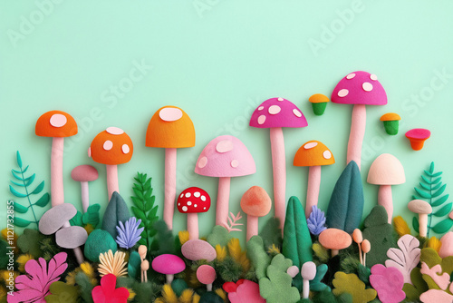 whimsical forest wonderland with colorful mushrooms and flora in a playful pastel design for children's illustrations photo