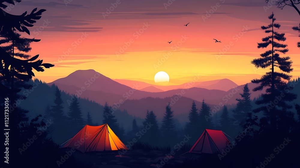 Sunset camping in the mountains. Two tents are pitched amidst the trees, with a breathtaking view of the setting sun. Sunset camping in the mountains. Two tents are pitched amidst the trees, with a breathtaking view of the setting sun.