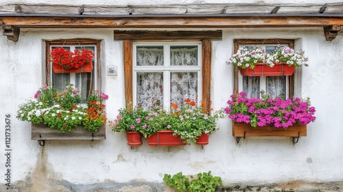 Charming Rural House with Vibrant Flower Boxes photo