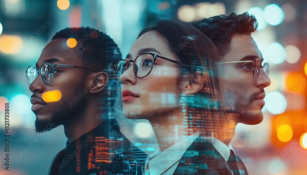 Toned Image Of Three Young Diverse Business People Collaborating In Abstract City With Double Exposure Of Financial Charts Toned Image Of Three Young Diverse Business People Collaborating In Abstract City With Double Exposure Of Financial Charts
