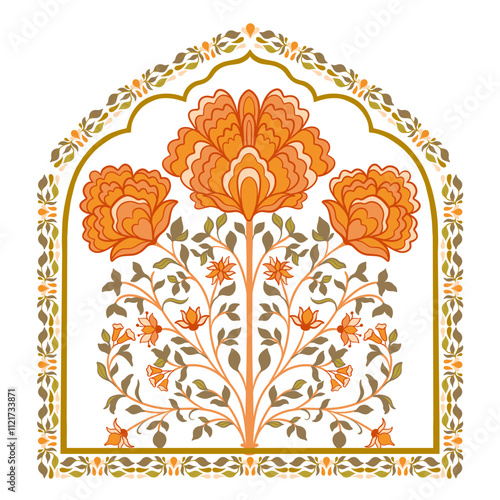 Mughal decorative ornamental floral. Vintage intricate traditional mughal style with flowers and foliage.
