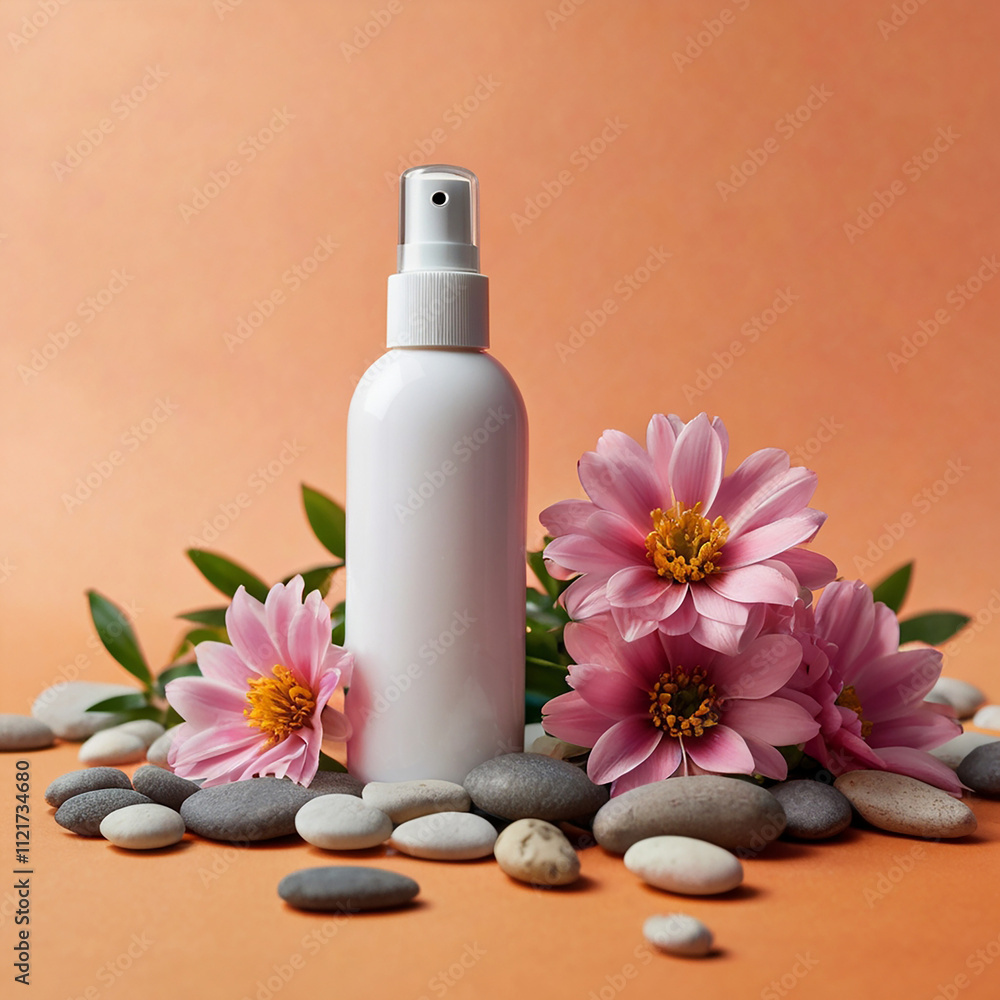 A white bottle with a spray nozzle, surrounded by pink flowers and pebbles on an orange background ( A white bottle with a spray nozzle, surrounded by pink flowers and pebbles on an orange background (