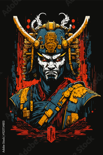 Warrior Spirit Vector. Samurai in Intense Digital Art Portrait