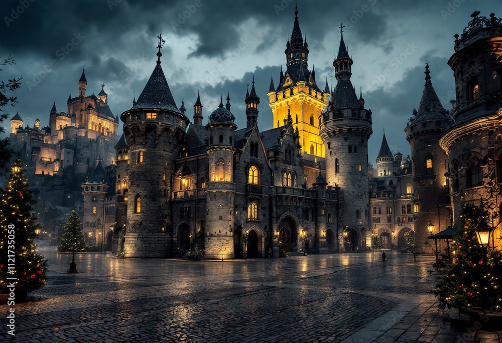 A medieval castle with ornate towers and spires illuminated at night, surrounded by a cobblestone plaza in a city setting A medieval castle with ornate towers and spires illuminated at night, surrounded by a cobblestone plaza in a city setting
