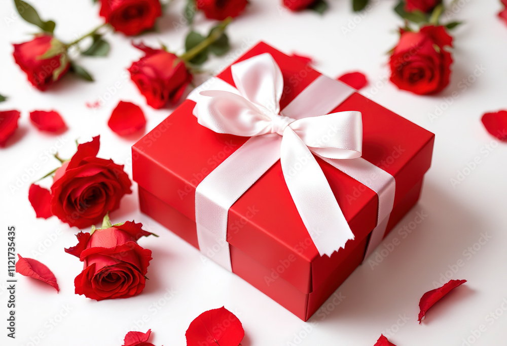 A red gift box with a white ribbon bow, surrounded by red roses on a white surface A red gift box with a white ribbon bow, surrounded by red roses on a white surface
