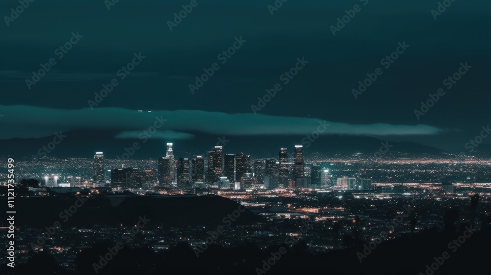 Obraz premium A nighttime skyline view of a city illuminated by lights against a dark backdrop.