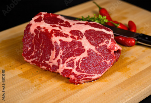 A raw slab of red meat, likely beef, with a red chili pepper and some herbs on a wooden cutting board