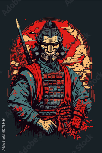 Samurai Warrior with Futuristic Armor and Red Moon