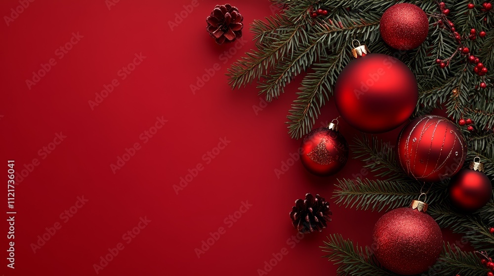 Red Christmas Background With Pine Branches, Baubles, and Golden Stars Creating a Festive and Elegant Design Red Christmas Background With Pine Branches, Baubles, and Golden Stars Creating a Festive and Elegant Design