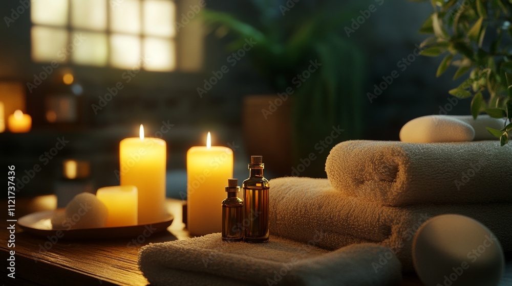 Luxurious Spa Setting with Candles, Soft Towels, and Greenery on Wooden Surface Creating a Relaxing and Elegant Atmosphere Luxurious Spa Setting with Candles, Soft Towels, and Greenery on Wooden Surface Creating a Relaxing and Elegant Atmosphere