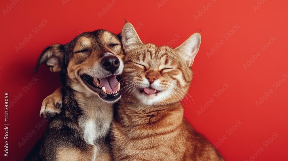 Banner With Pets Dog and Cat Sitting Together Smiling Against Bright Red Background Creating Cheerful and Playful Scene Banner With Pets Dog and Cat Sitting Together Smiling Against Bright Red Background Creating Cheerful and Playful Scene