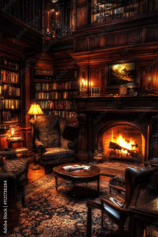 Cozy and Inviting Home Library with Fireplace and Bookshelves Cozy and Inviting Home Library with Fireplace and Bookshelves