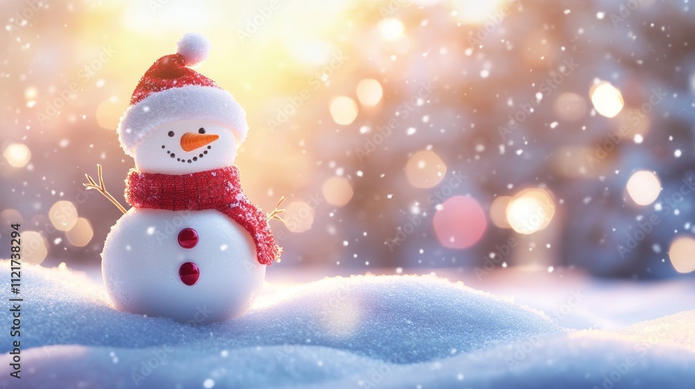 Christmas Winter Background With a Cute Snowman on Snowy Ground Surrounded by Glowing Festive Lights Christmas Winter Background With a Cute Snowman on Snowy Ground Surrounded by Glowing Festive Lights