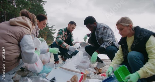 Group of people helping nature recover. Cleaning pollution in sand beach of big lake or river. Actively picking up waste material and sorting everything. Wearing gloves for hygiene.