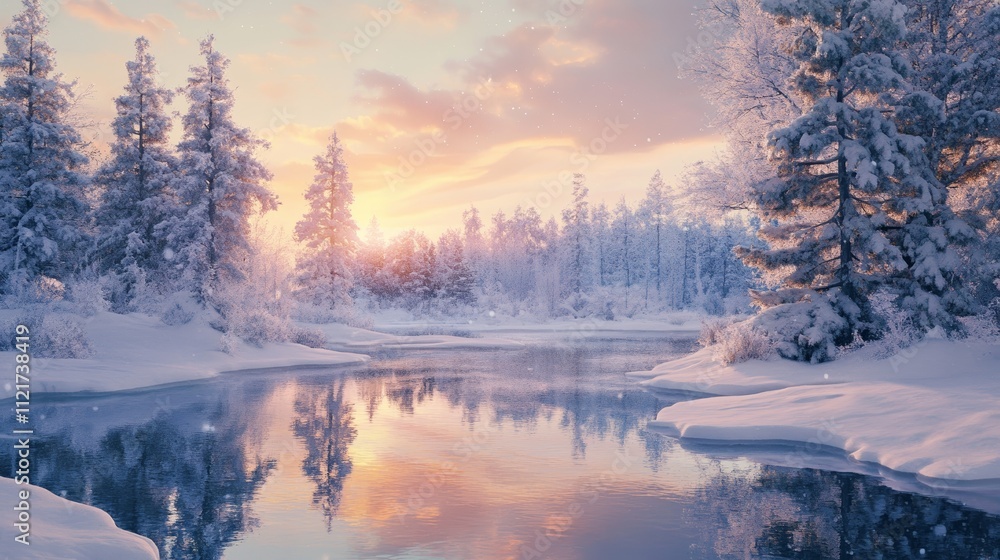 Fototapeta premium Watercolor Landscape of a Snowy Cabin in a Winter Forest With a Golden Sunset Creating a Warm and Serene Atmosphere