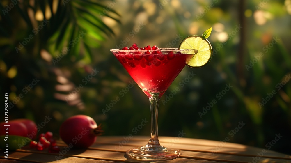 Red Cocktail With Pomegranate and Lime Garnish in a Bright Outdoor Setting Creating a Refreshing and Vibrant Mood Red Cocktail With Pomegranate and Lime Garnish in a Bright Outdoor Setting Creating a Refreshing and Vibrant Mood
