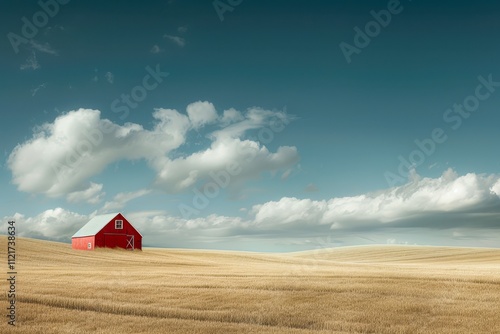 A picturesque red barn stands alone in a vast golden field under a serene sky filled with soft clouds, This image can be used for agricultural themes, rural lifestyle, or nature-related content, photo