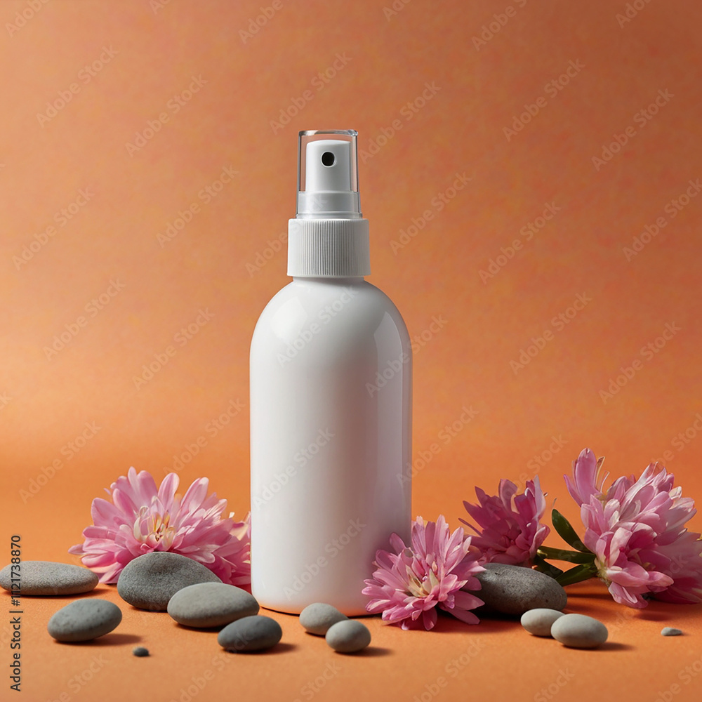 A white bottle with a spray nozzle, surrounded by pink flowers and pebbles on an orange background ( A white bottle with a spray nozzle, surrounded by pink flowers and pebbles on an orange background (