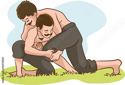 Two wrestlers wrestling on the grass.The vector illustration of the traditional Turkish oil wrestling.