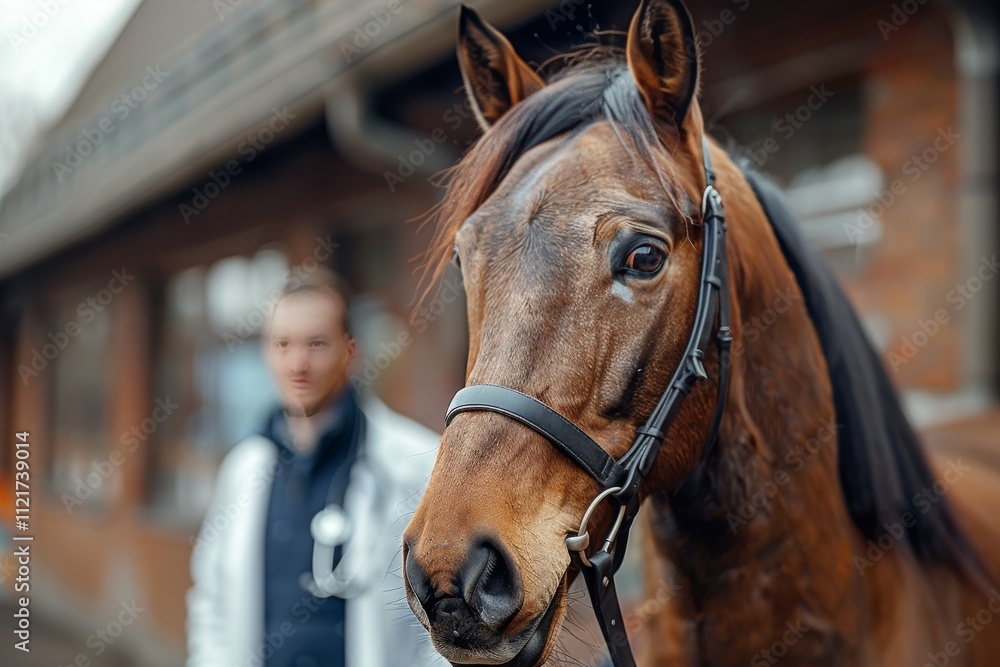 Fototapeta premium Horse standing against a veterinarian in the background