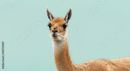 Elegant portrait of a guanaco against a light teal background for animal photography