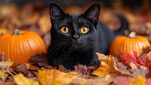 Black Cat in Autumn Leaves