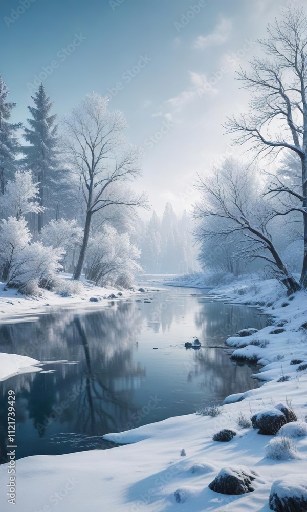Frozen lake landscape with snow-covered trees in blue winter tones, blue winter landscape, serene nature, frozen lake Frozen lake landscape with snow-covered trees in blue winter tones, blue winter landscape, serene nature, frozen lake