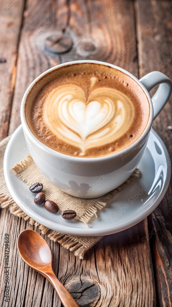 Heart-shaped latte art in a white cup on a rustic wooden table with coffee beans and wooden spoon Heart-shaped latte art in a white cup on a rustic wooden table with coffee beans and wooden spoon