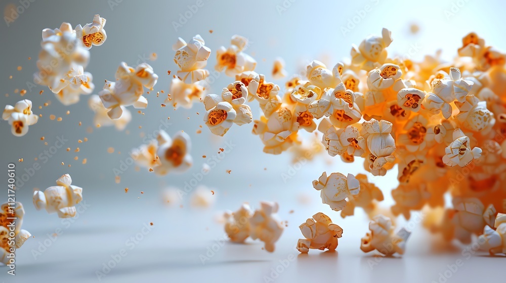 Flying popcorn kernels, buttery, delicious snack. Flying popcorn kernels, buttery, delicious snack.