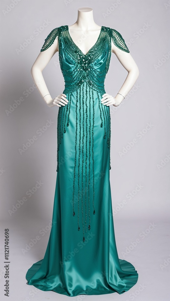 Long silk gown with emerald and crystal bead accents white background Long silk gown with emerald and crystal bead accents white background