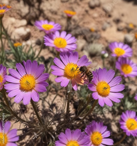 Honeybee amidst the vibrant purple and yellow hues of Chylismia brevipes Mojave suncup blooms in the desert landscape, cactus flowers, suncup, insect photo