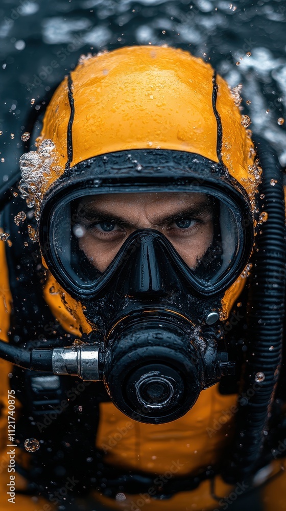 Close-up of diver in yellow drysuit underwater
Close-up of diver in yellow drysuit underwater