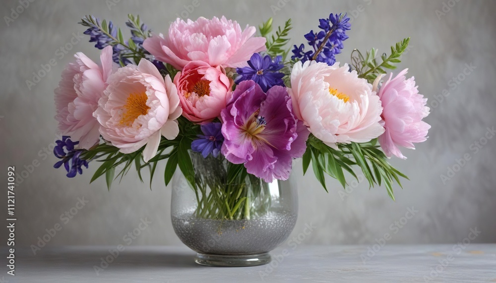 Large peonies, irises, and lupines arranged in a elegant mercury glass vase on a pale gray background in soft focus, fresh flowers, peony Large peonies, irises, and lupines arranged in a elegant mercury glass vase on a pale gray background in soft focus, fresh flowers, peony