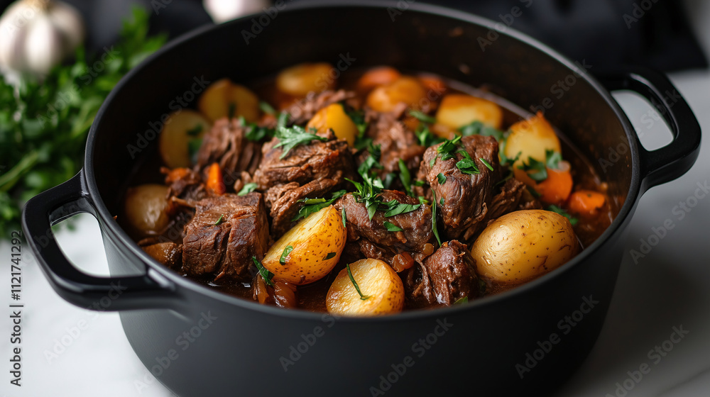 Dutch oven filled with a rich stew , with chunks of meat, potatoes, and carrots, surrounded by fresh herbs Dutch oven filled with a rich stew , with chunks of meat, potatoes, and carrots, surrounded by fresh herbs