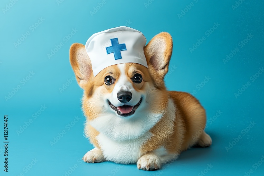 Corgi Dog in Nurse Hat on Blue Background Corgi Dog in Nurse Hat on Blue Background