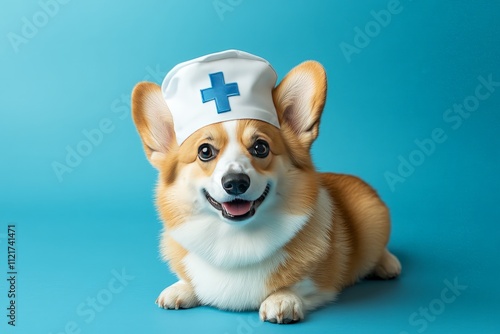 Corgi Dog in Nurse Hat on Blue Background