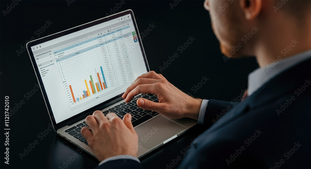 Young businessman typing on a laptop with a spreadsheet. Young businessman typing on a laptop with a spreadsheet.
