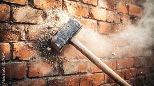 a hammer striking a brick wall, perfect for construction or home improvement Illustration photo