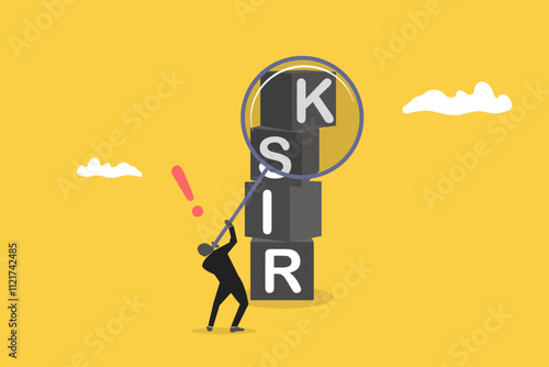Businessman with magnifying glass and cubic on stack with the word risk. concept of risk management, control or assess to lose money in investing