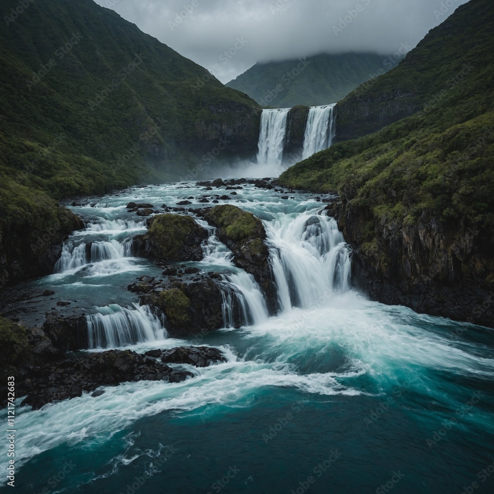 Fototapeta premium A waterfall originating from the mountains and flowing into the ocean.