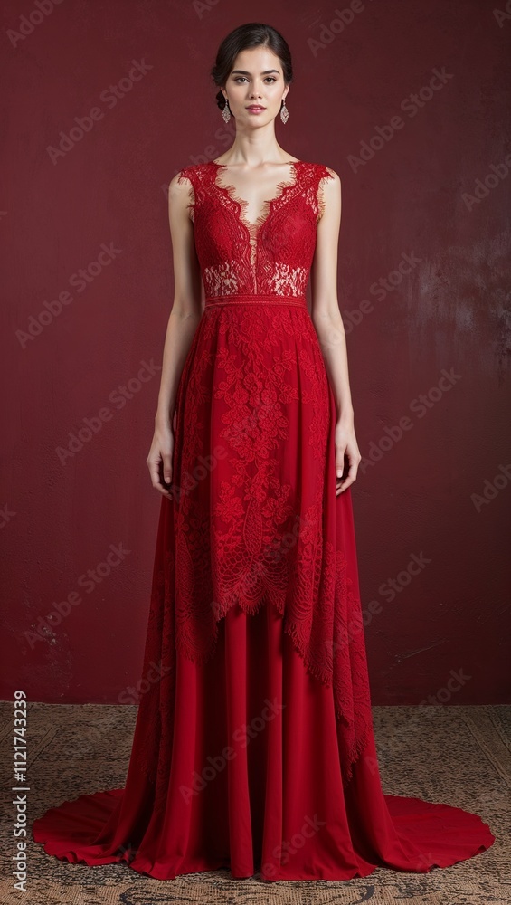 A line chiffon gown intricate lace overlay red background 